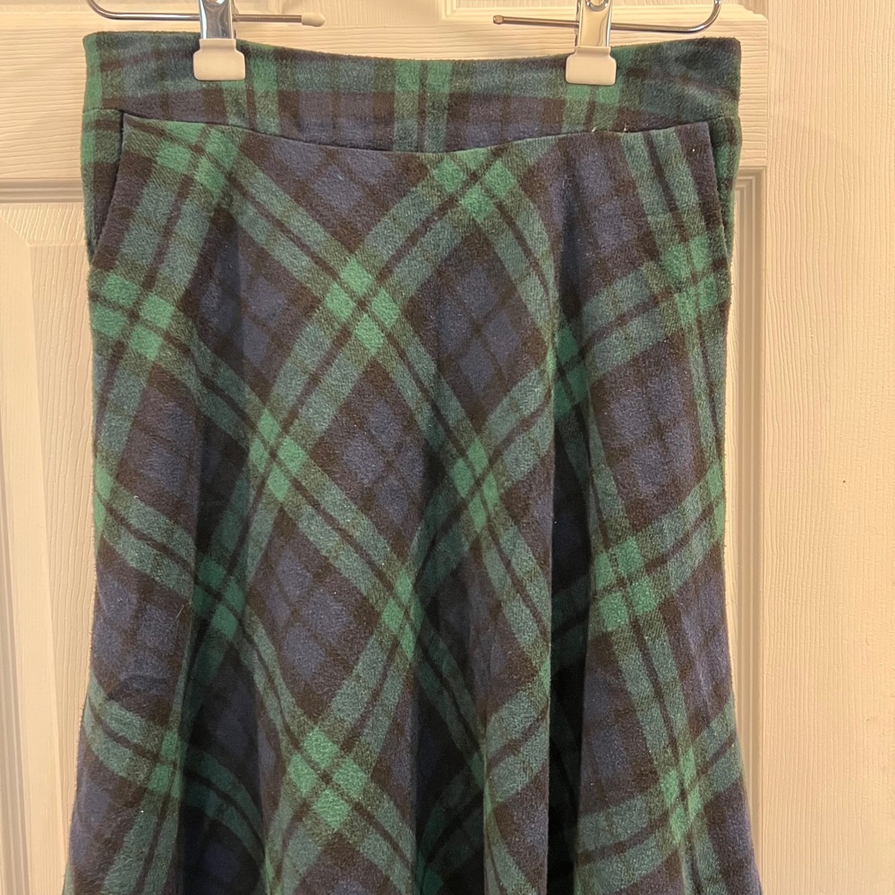 Green Navy Plaid Black Watch Midi Skirt XL Pockets Elastic Waist A-Line Fleece - Picture 2 of 12